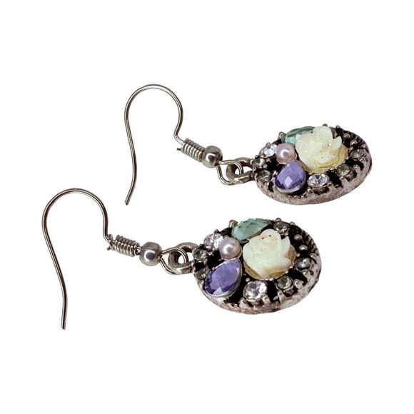 Silver Tone Rhinestone Flower Dangle Earrings 1" - Picture 7 of 10